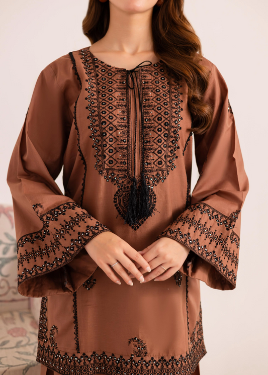 Pakistani Designer Chocolate Brown Lawn Kurta Set Online in KSA Riyadh Saudi Arabia Oman Bahrain Qatar