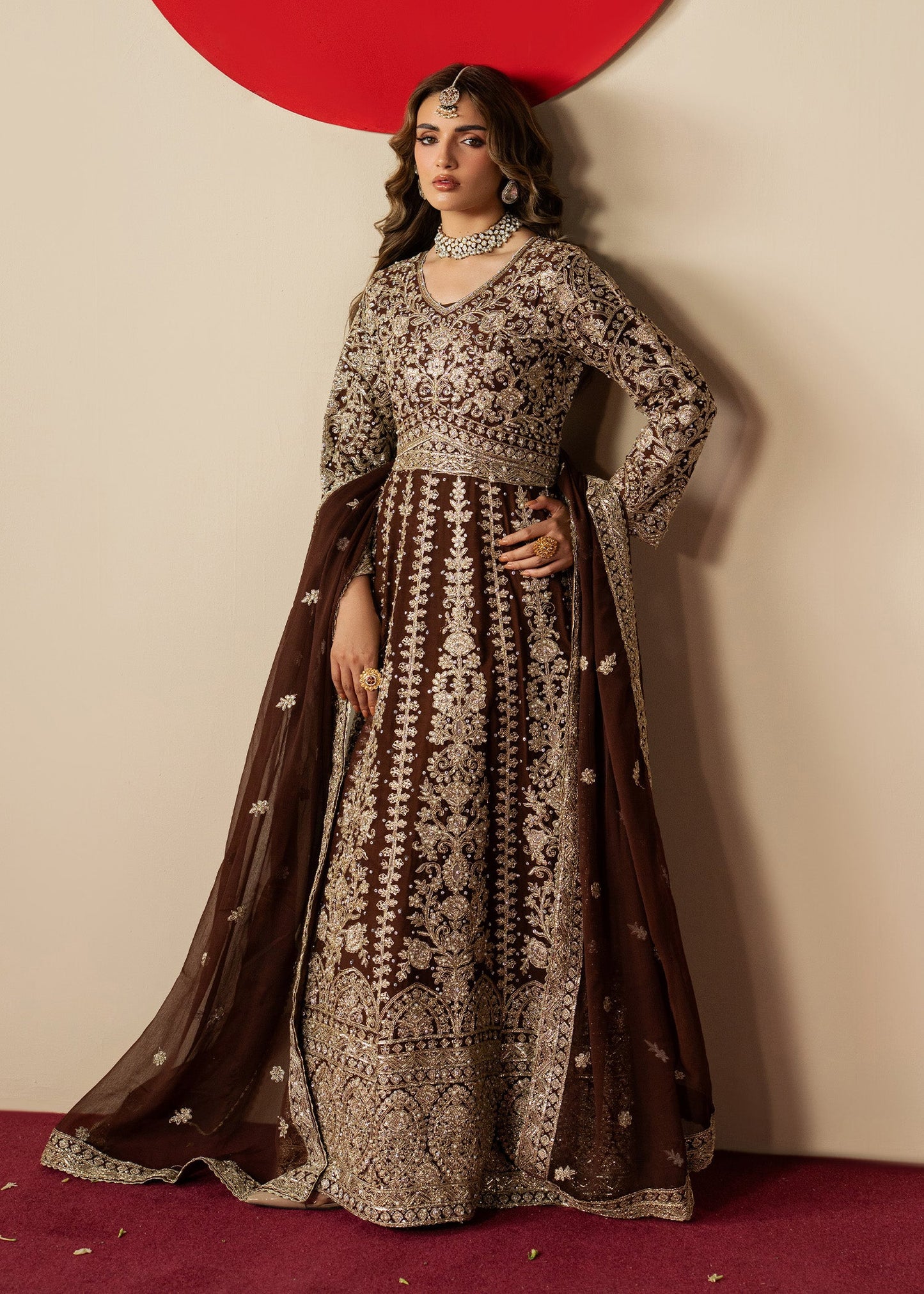 Pakistani Designer Chocolate Chiffon Wedding Dress Online in KSA Riyadh Saudi Arabia Oman Bahrain Qatar
