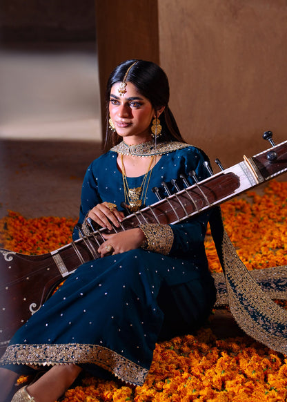 Pakistani Designer Cobalt Blue Chiffon Salwar Kameez Online in KSA Riyadh Saudi Arabia Oman Bahrain Qatar