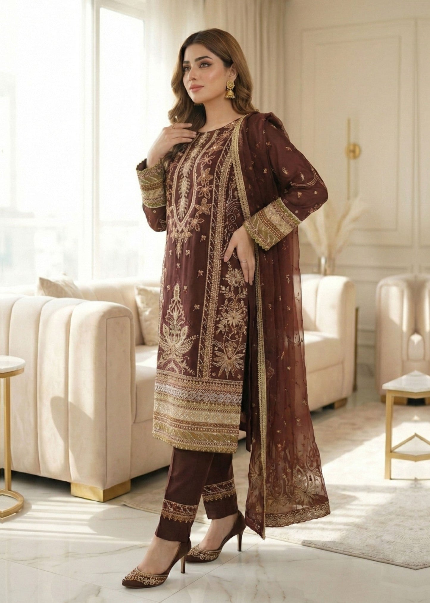 Pakistani Designer Coffee Brown Organza Suit Online in KSA Riyadh Saudi Arabia Oman Bahrain Qatar