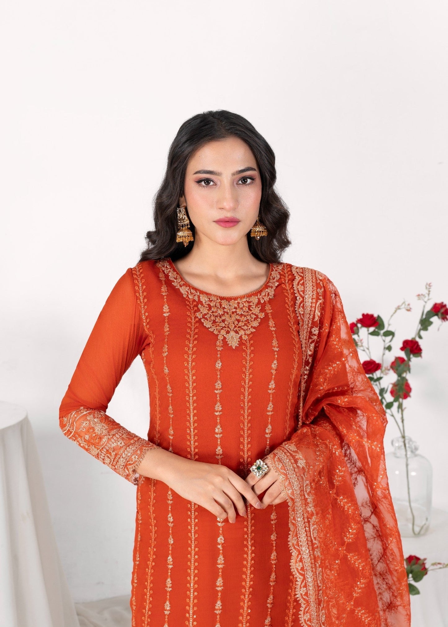 Pakistani Designer Copper Orange Tilla Embroidered Kurta Set Online in KSA Riyadh Saudi Arabia Oman Bahrain Qatar