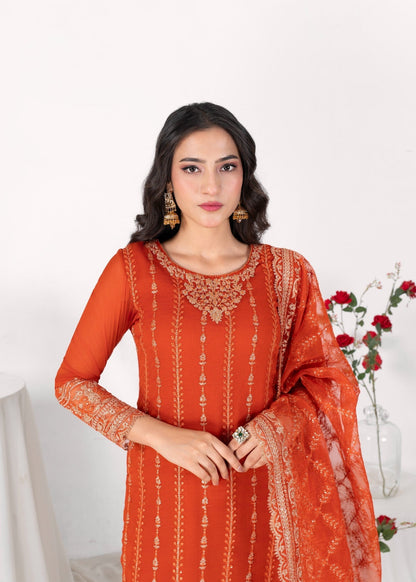 Pakistani Designer Copper Orange Tilla Embroidered Kurta Set Online in KSA Riyadh Saudi Arabia Oman Bahrain Qatar