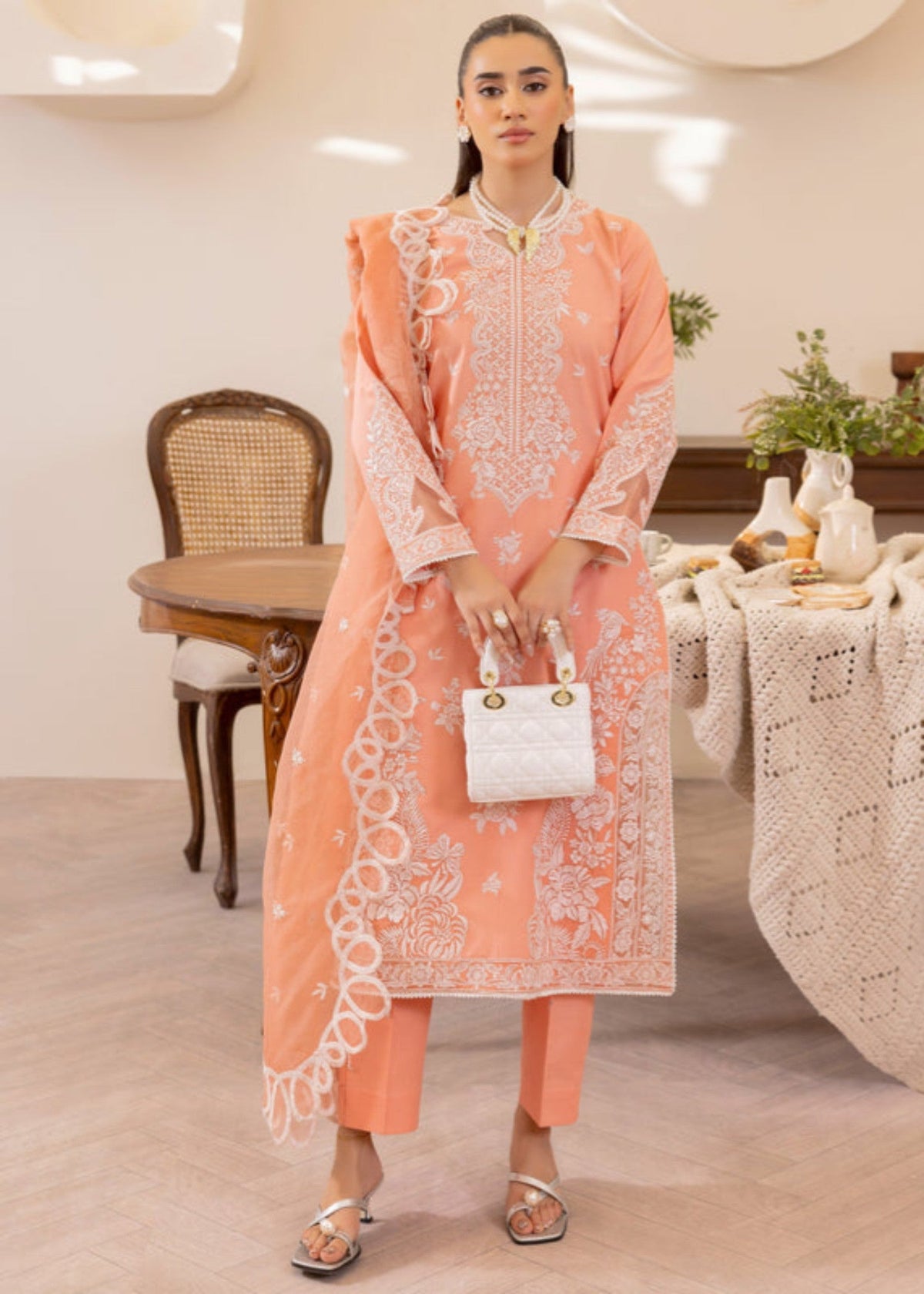 Pakistani Designer Coral Pink Lawn Shalwar Kameez Online in KSA Riyadh Saudi Arabia Oman Bahrain Qatar