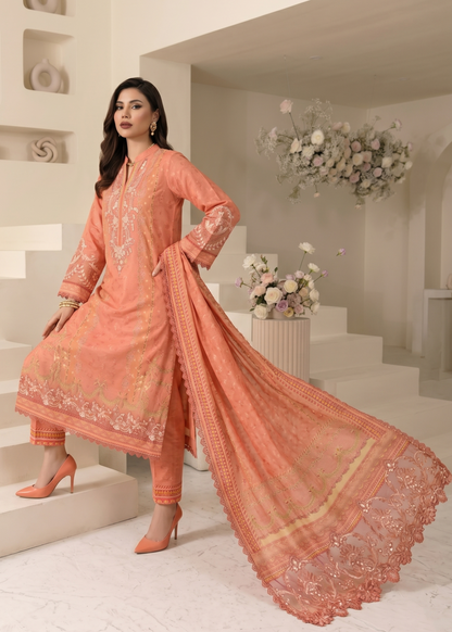 Pakistani Designer Coral Pink Raw Silk Salwar Kameez Online in KSA Riyadh Saudi Arabia Oman Bahrain Qatar