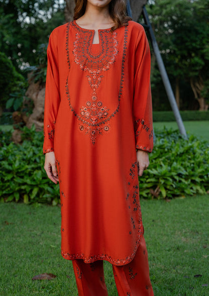 Pakistani Designer Coral Red Khaddar Kurta Set Online in KSA Riyadh Saudi Arabia Oman Bahrain Qatar