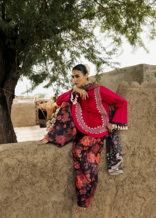 Pakistani Designer Coral Red Lawn Cotton Suit with Farshi Pajama Online in KSA Riyadh Saudi Arabia Oman Bahrain Qatar