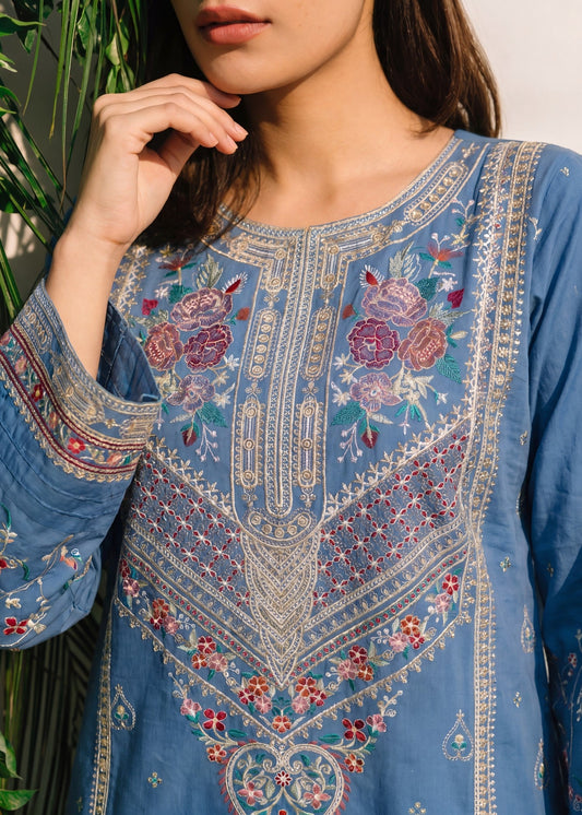 Pakistani Designer Cornflower Blue Embroidered Lawn Suit Online in UK USA Canada