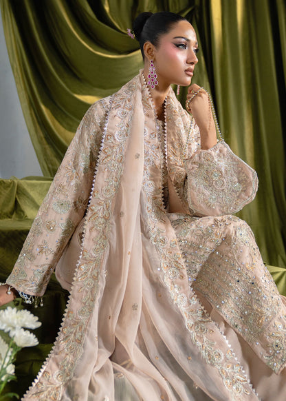 Pakistani Designer Cream Charmuse Salwar Suit Online in KSA Riyadh Saudi Arabia Oman Bahrain Qatar