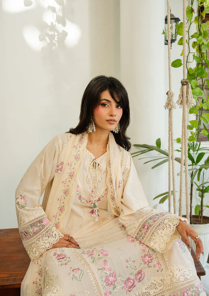 Pakistani Designer Cream Embroidered Lawn Salwar Kameez Online in KSA Riyadh Saudi Arabia Oman Bahrain Qatar