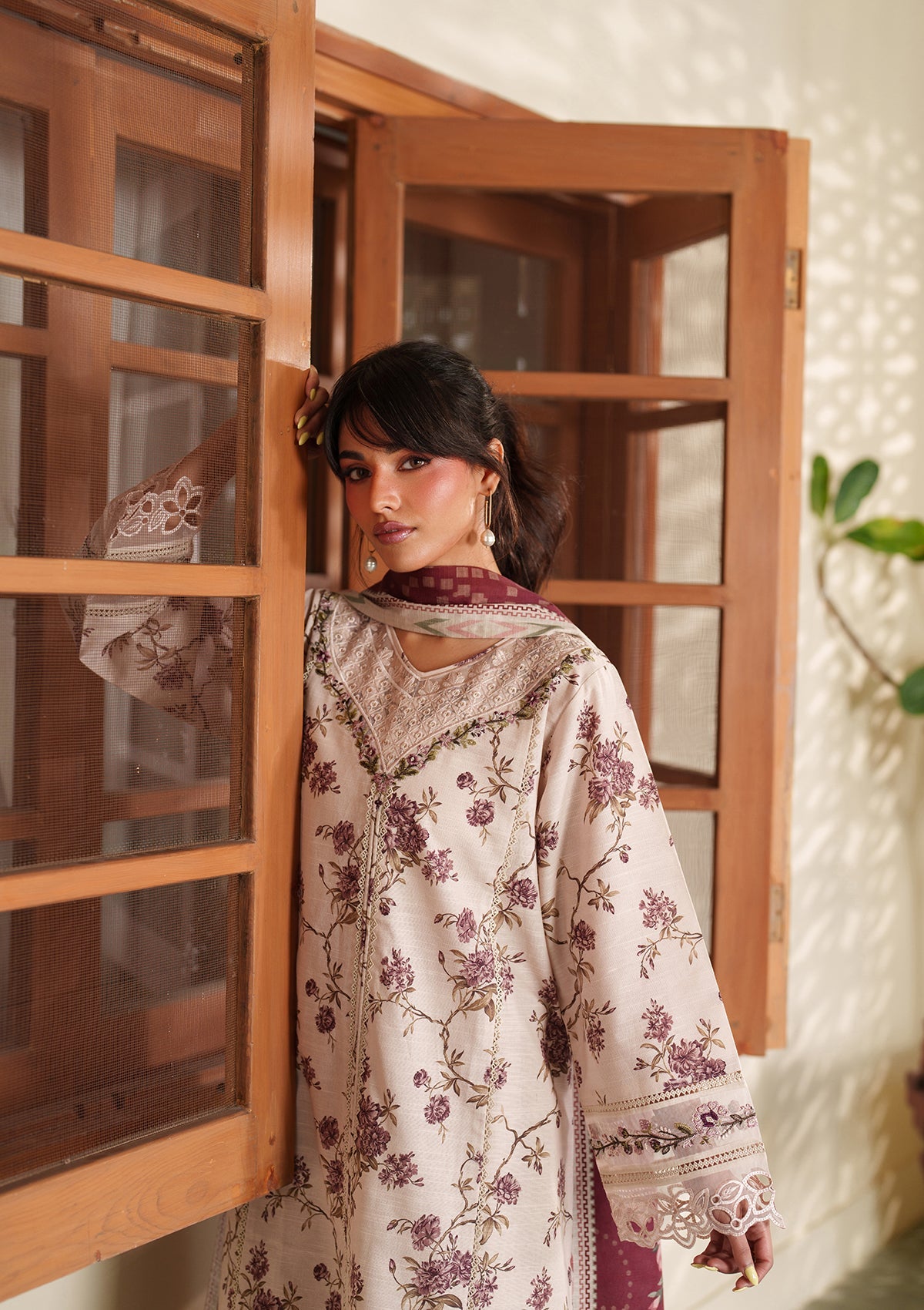 Pakistani Designer Cream Embroidered Lawn Suit Online in KSA Riyadh Saudi Arabia Oman Bahrain Qatar