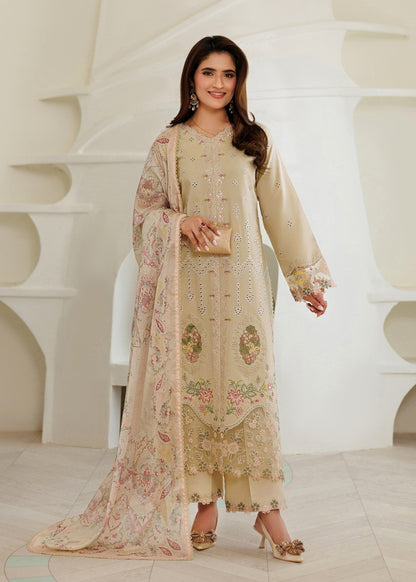 Pakistani Designer Cream Lawn 3 Piece Shalwar Kameez Online in KSA Riyadh Saudi Arabia Oman Bahrain Qatar