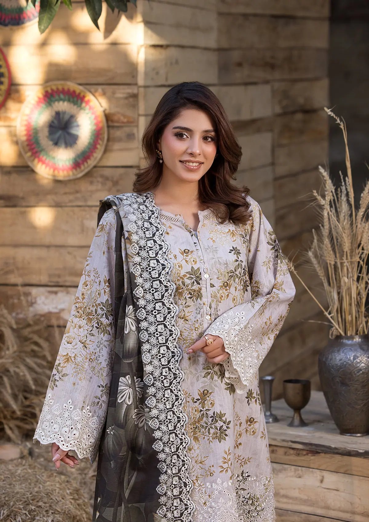Pakistani Designer Cream Lawn Salwar Kameez Online in KSA Riyadh Saudi Arabia Oman Bahrain Qatar