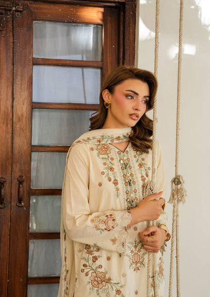 Pakistani Designer Cream Lawn Salwar Kameez Online in KSA Riyadh Saudi Arabia Oman Bahrain Qatar