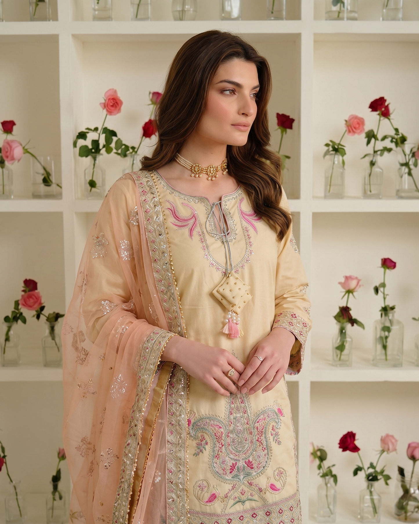 Pakistani Designer Cream Lawn Suit with Silk Dupatta Online in KSA Riyadh Saudi Arabia Oman Bahrain Qatar