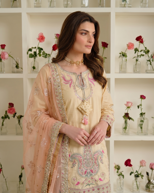 Pakistani Designer Cream Lawn Suit with Silk Dupatta Online in KSA Riyadh Saudi Arabia Oman Bahrain Qatar