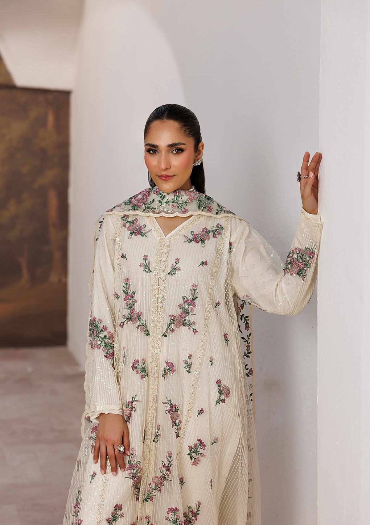 Pakistani Designer Cream Raw Silk Embroidered Salwar Kameez Online in KSA Riyadh Saudi Arabia Oman Bahrain Qatar