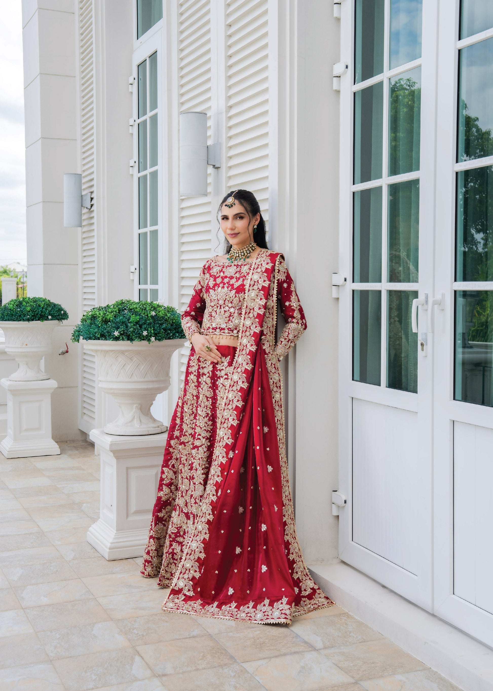 Pakistani Designer Crimson Silk Wedding Guest Outfit Online in KSA Riyadh Saudi Arabia Oman Bahrain Qatar