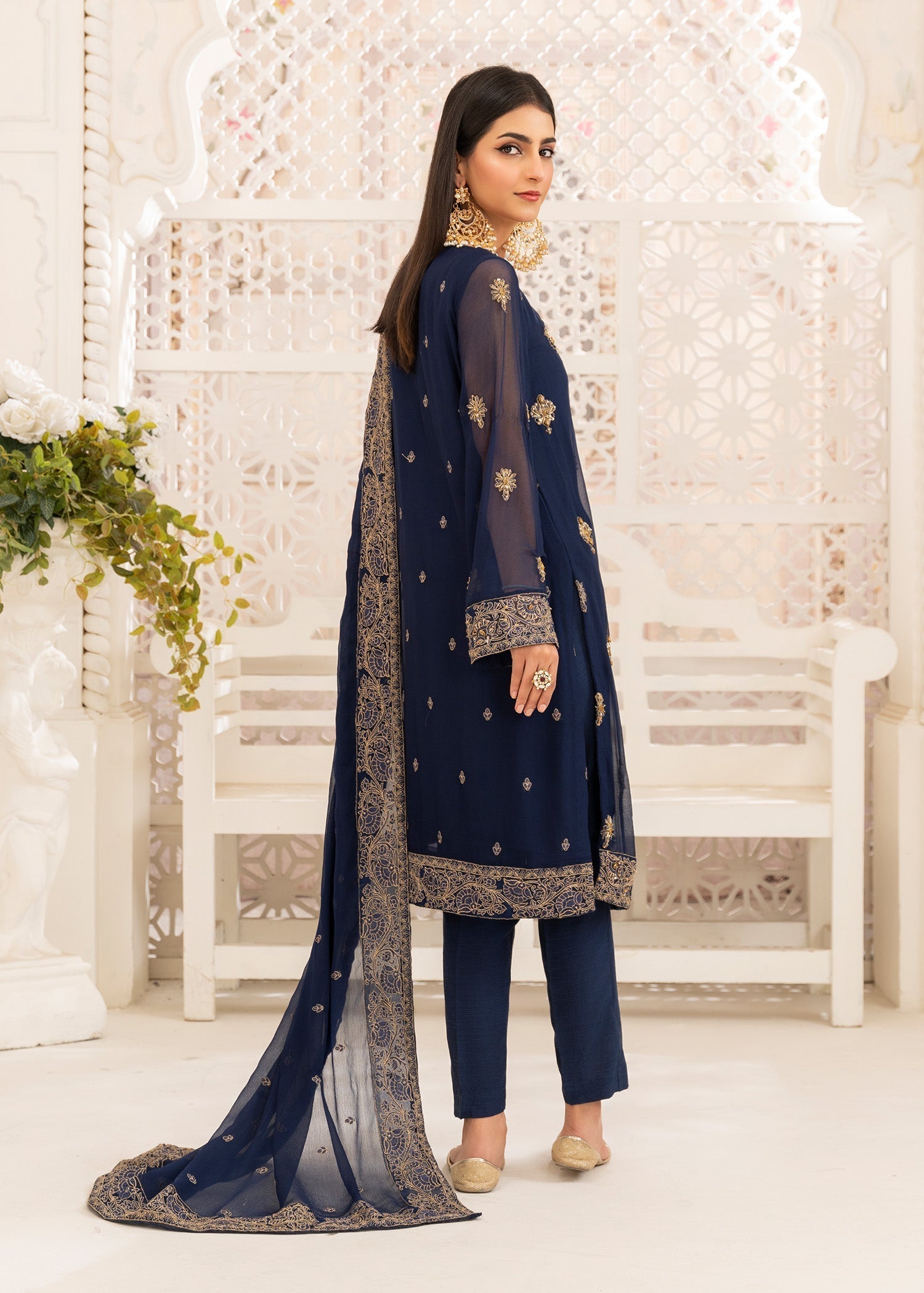 Pakistani Designer Dark Blue Chiffon Salwar Kameez Online in KSA Riyadh Saudi Arabia Oman Bahrain Qatar