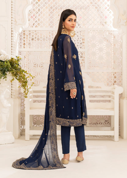 Pakistani Designer Dark Blue Chiffon Salwar Kameez Online in KSA Riyadh Saudi Arabia Oman Bahrain Qatar