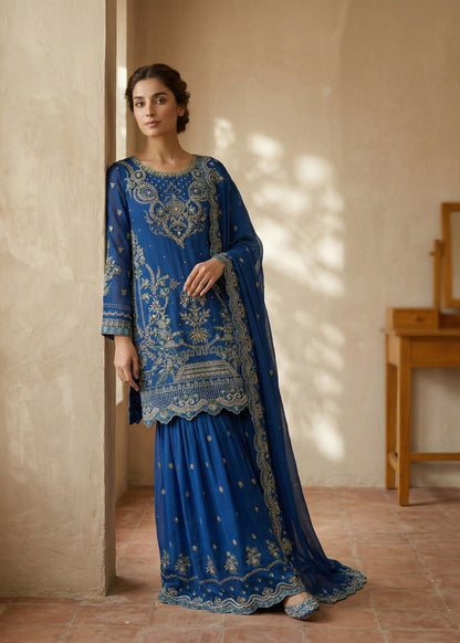 Pakistani Designer Dark Blue Chiffon Salwar Kameez Online in KSA Riyadh Saudi Arabia Oman Bahrain Qatar