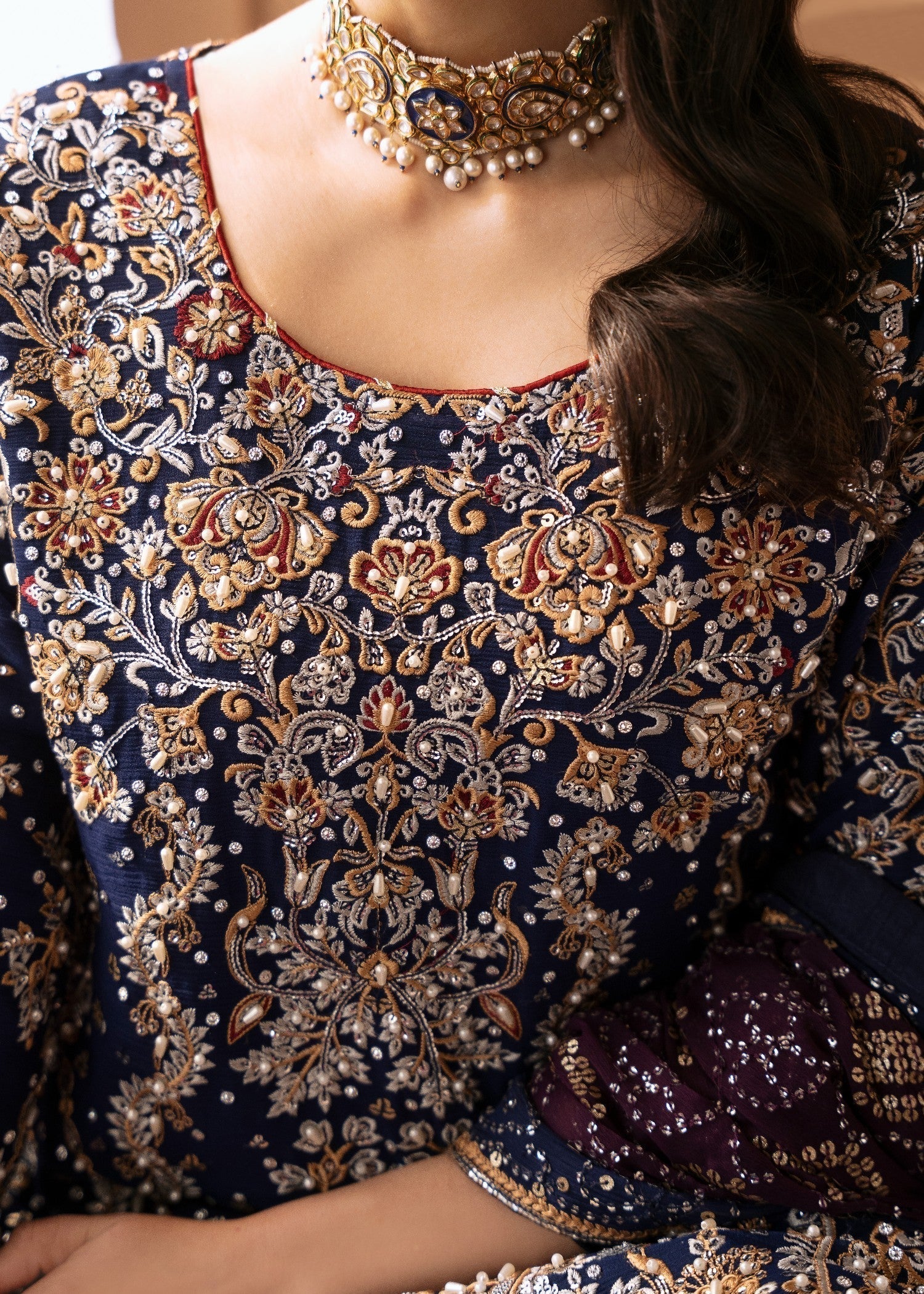 Pakistani Designer Dark Blue Chiffon Wedding Suit Online in KSA Riyadh Saudi Arabia Oman Bahrain Qatar