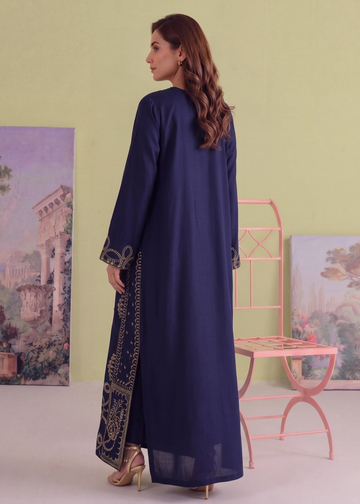 Pakistani Designer Dark Blue Linen Kaftan Online in KSA Riyadh Saudi Arabia Oman Bahrain Qatar