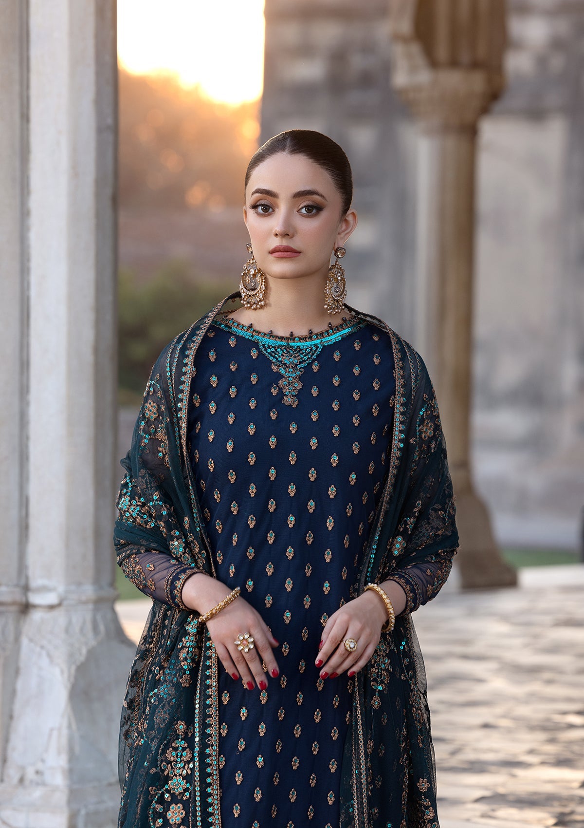 Pakistani Designer Dark Blue Net Salwar Suit Online in KSA Riyadh Saudi Arabia Oman Bahrain Qatar