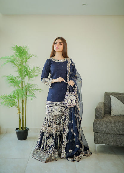 Pakistani Designer Dark Blue Wedding Gharara Online in KSA Riyadh Saudi Arabia Oman Bahrain Qatar