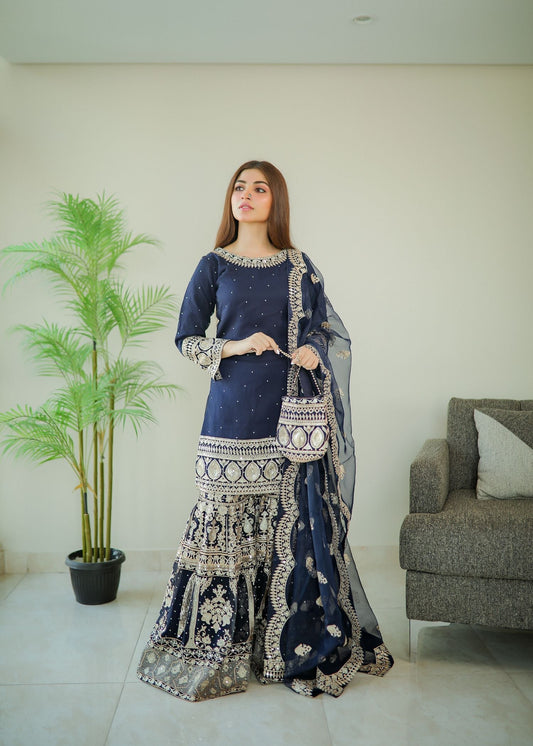 Pakistani Designer Dark Blue Wedding Gharara Online in KSA Riyadh Saudi Arabia Oman Bahrain Qatar
