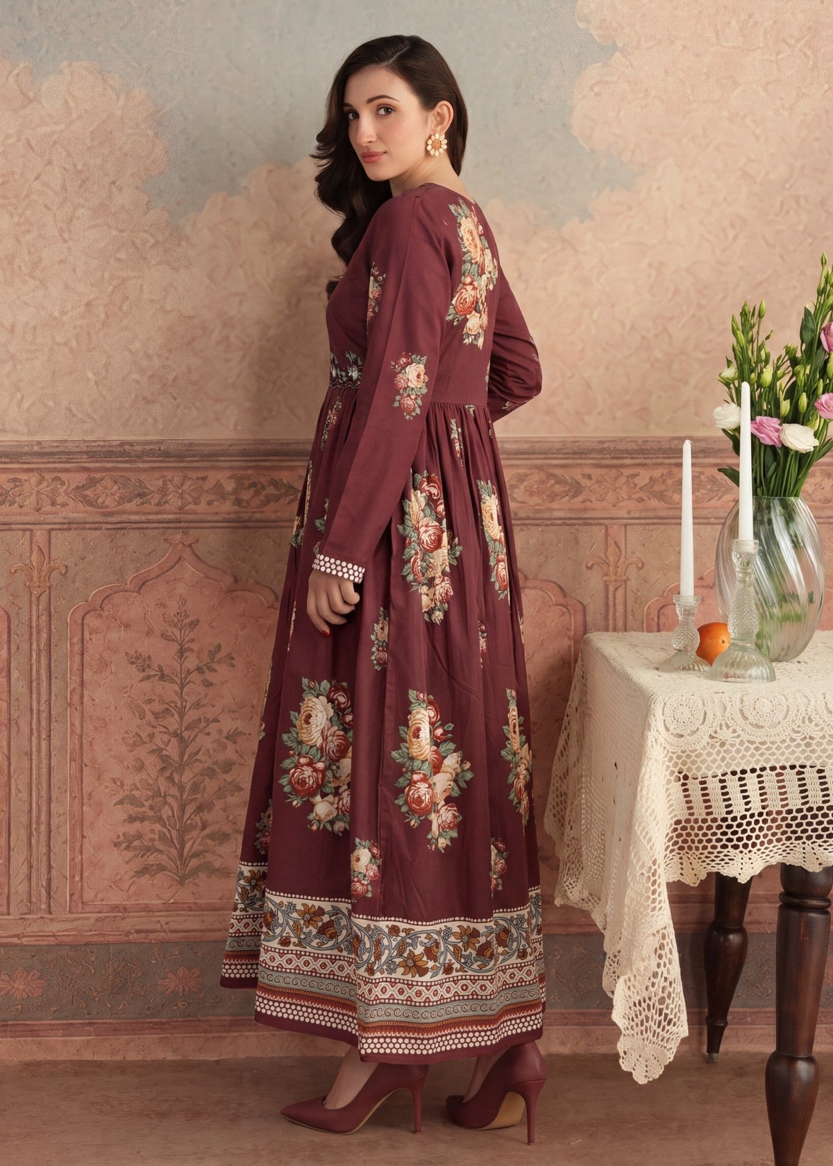 Pakistani Designer Dark Brown Lawn Anarkali Dress Online in KSA Riyadh Saudi Arabia Oman Bahrain Qatar