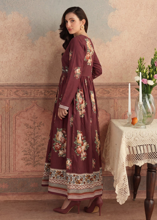 Pakistani Designer Dark Brown Lawn Anarkali Dress Online in KSA Riyadh Saudi Arabia Oman Bahrain Qatar