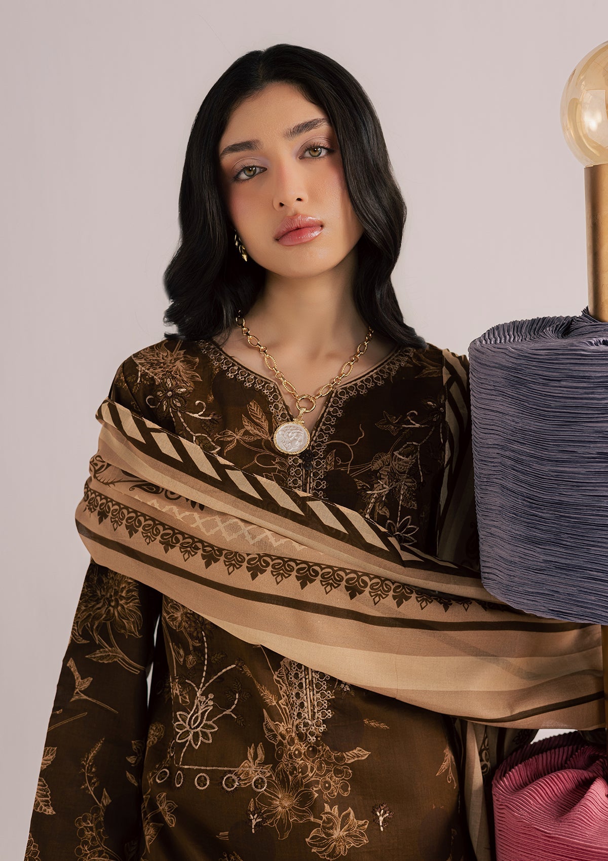 Pakistani Designer Dark Brown Lawn Suit Online in KSA Riyadh Saudi Arabia Oman Bahrain Qatar