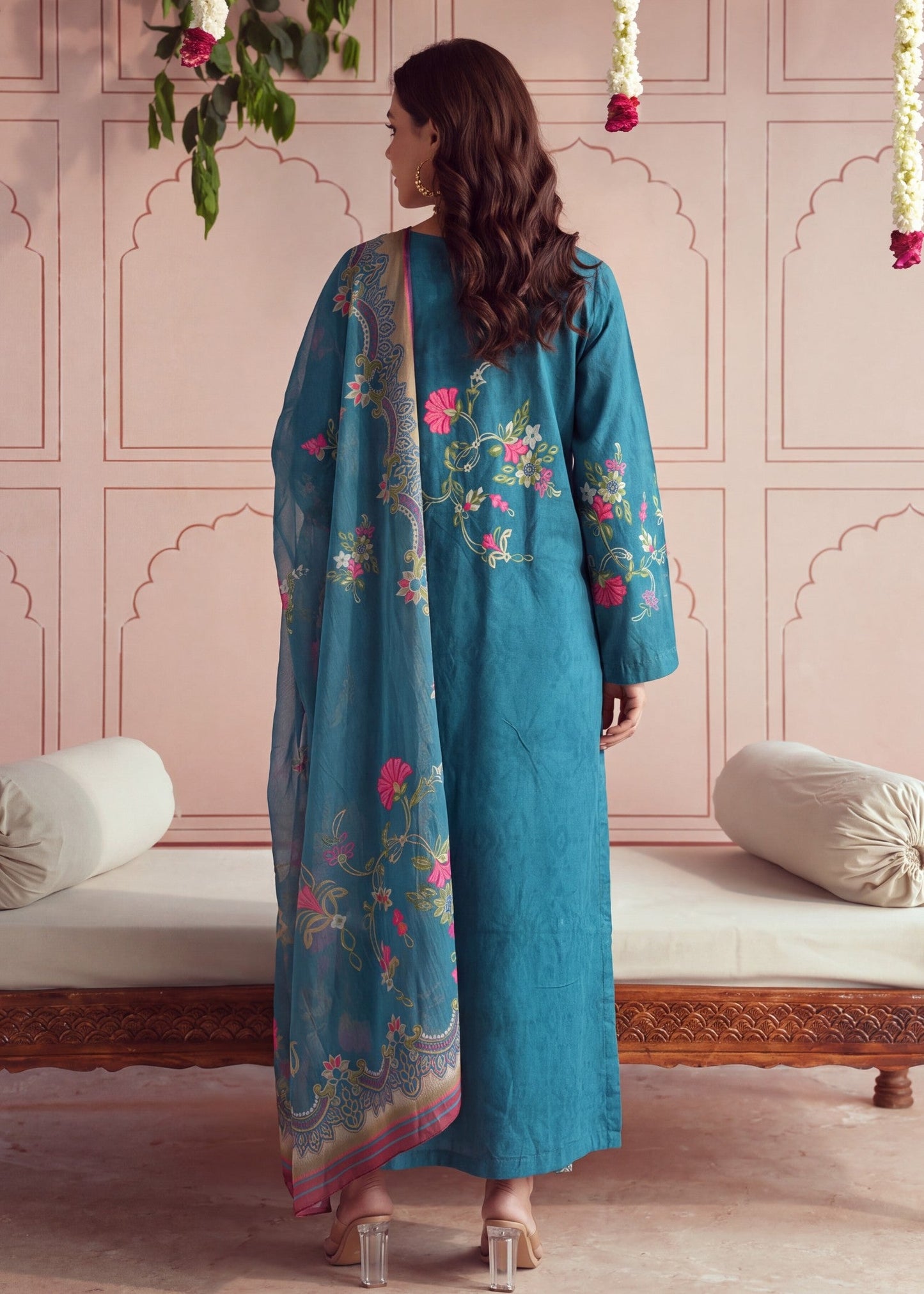 Pakistani Designer Dark Cyan Lawn Salwar Kameez Online in KSA Riyadh Saudi Arabia Oman Bahrain Qatar