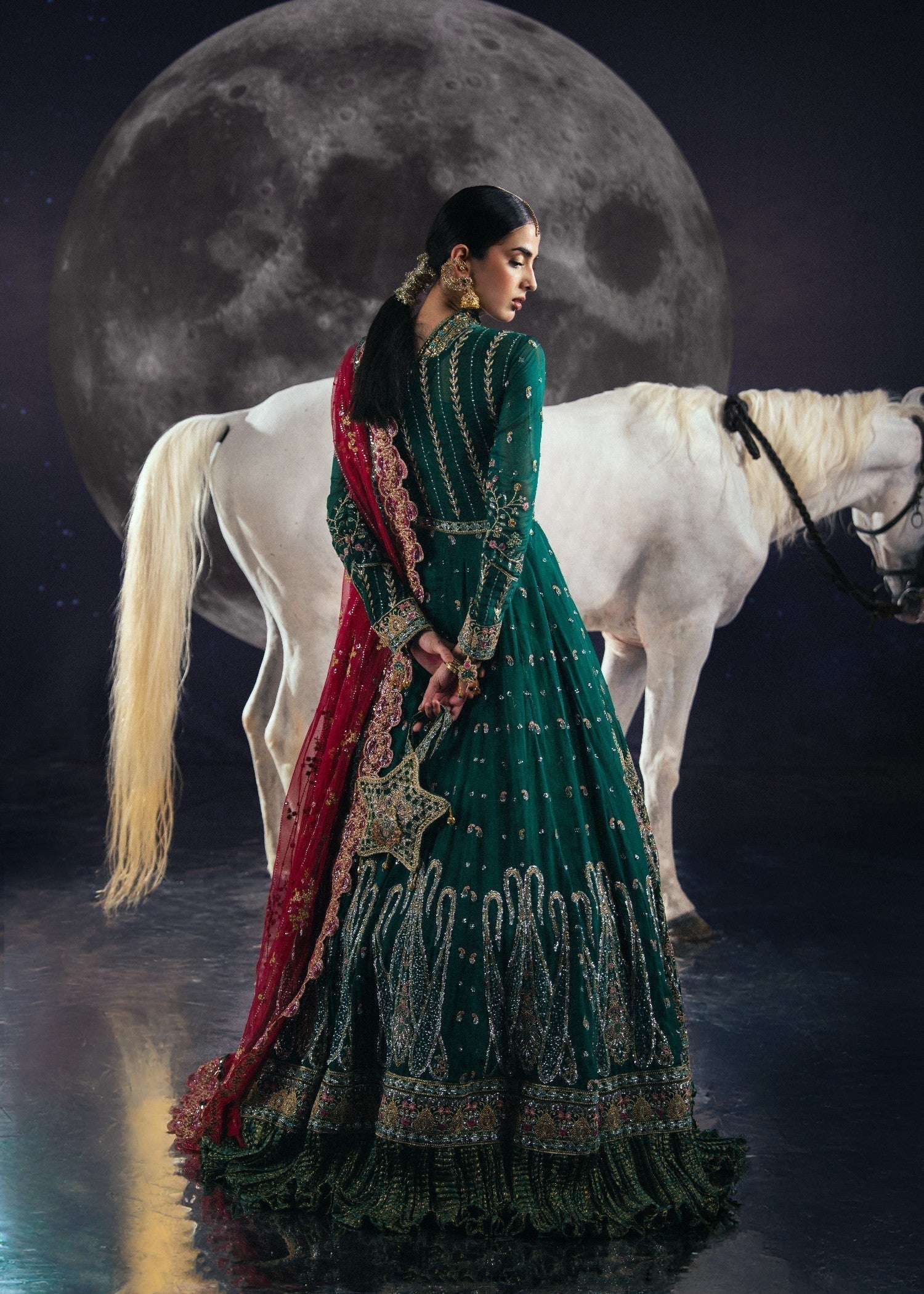 Pakistani Designer Dark Green Chiffon Salwar Kameez Online in KSA Riyadh Saudi Arabia Oman Bahrain Qatar