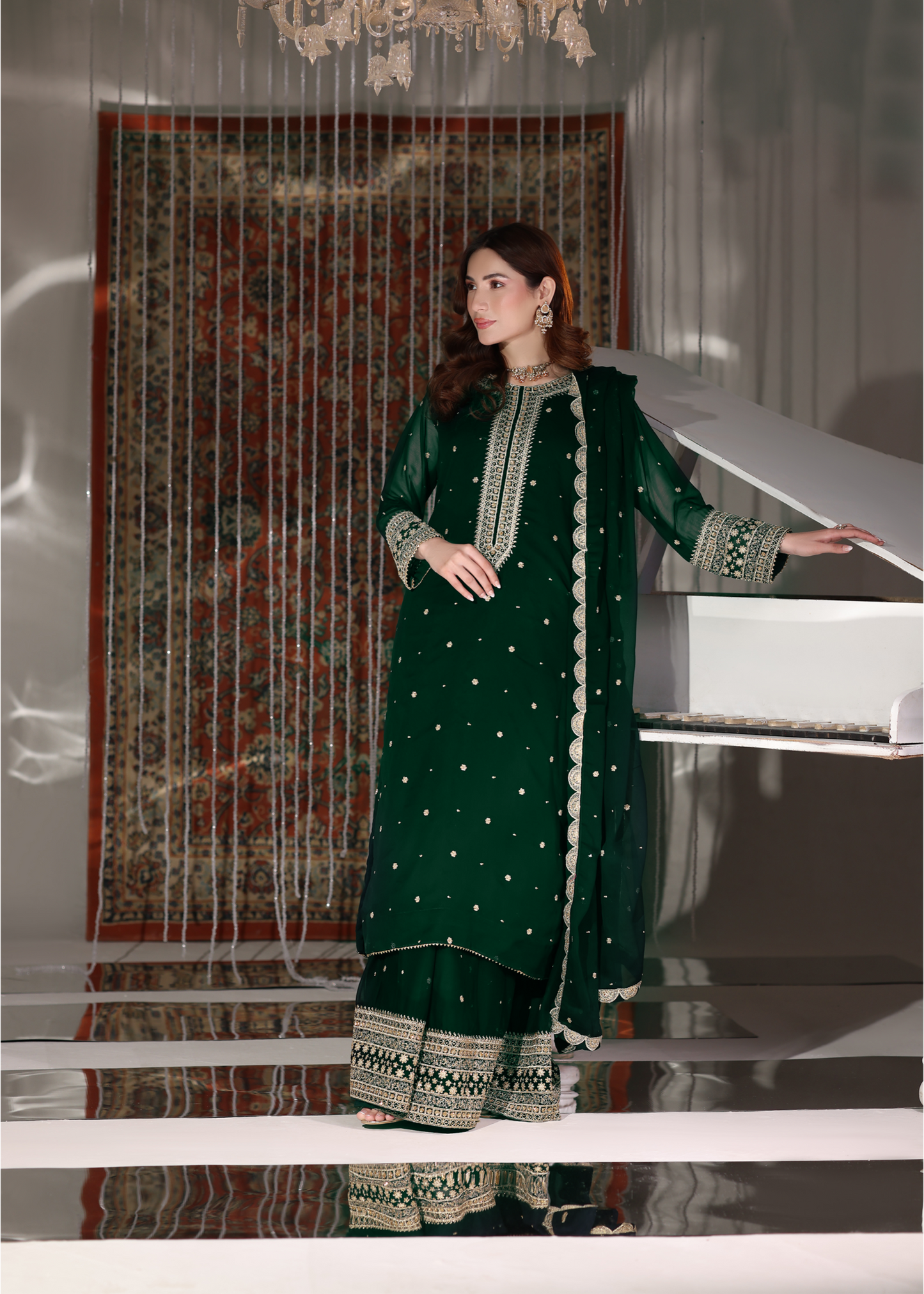 Pakistani Designer Dark Green Chiffon Salwar Kameez Online in KSA Riyadh Saudi Arabia Oman Bahrain Qatar