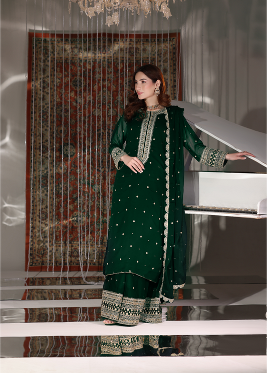 Pakistani Designer Dark Green Chiffon Salwar Kameez Online in KSA Riyadh Saudi Arabia Oman Bahrain Qatar