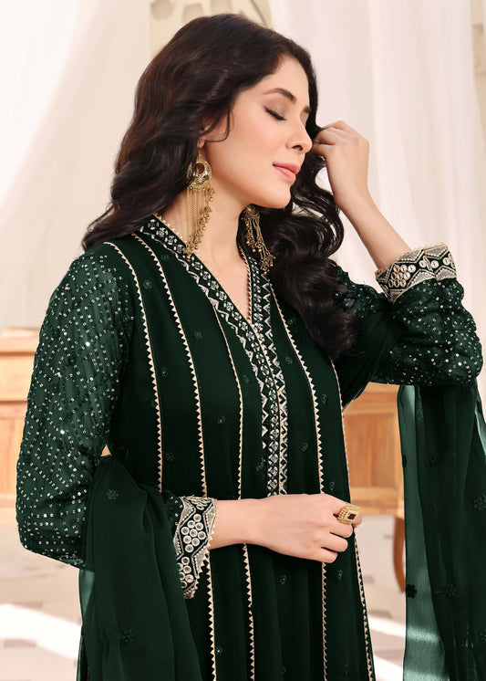Pakistani Designer Dark Green Chiffon Salwar Kameez Online in KSA Riyadh Saudi Arabia Oman Bahrain Qatar