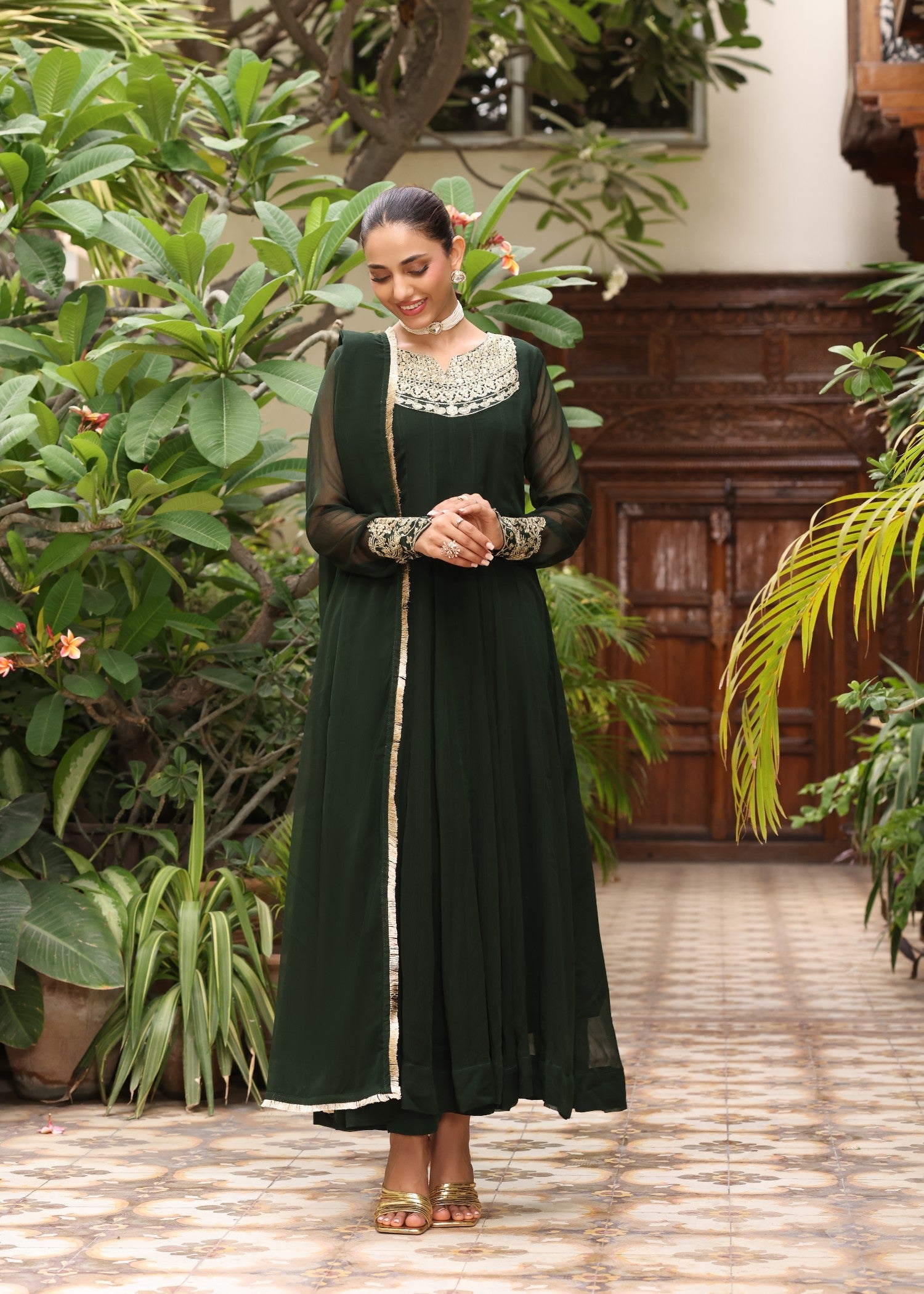 Pakistani Designer Dark Green Chiffon Salwar Kameez Online in KSA Riyadh Saudi Arabia Oman Bahrain Qatar