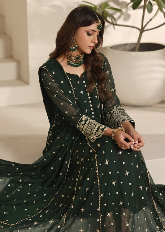 Pakistani Designer Dark Green Chiffon Salwar Kameez Online in KSA Riyadh Saudi Arabia Oman Bahrain Qatar