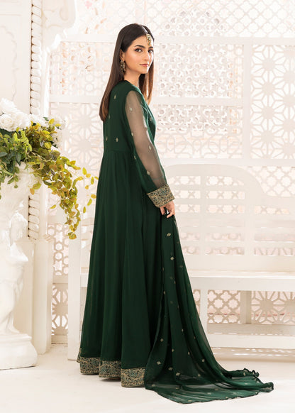 Pakistani Designer Dark Green Chiffon Salwar Kameez Partywear Online in KSA Riyadh Saudi Arabia Oman Bahrain Qatar