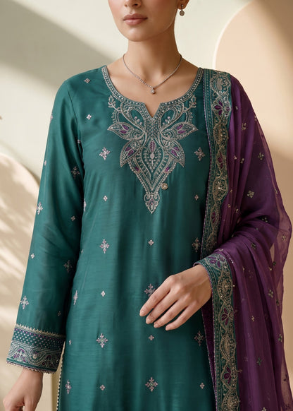Pakistani Designer Dark Green Raw Silk Salwar Kameez Online in KSA Riyadh Saudi Arabia Oman Bahrain Qatar