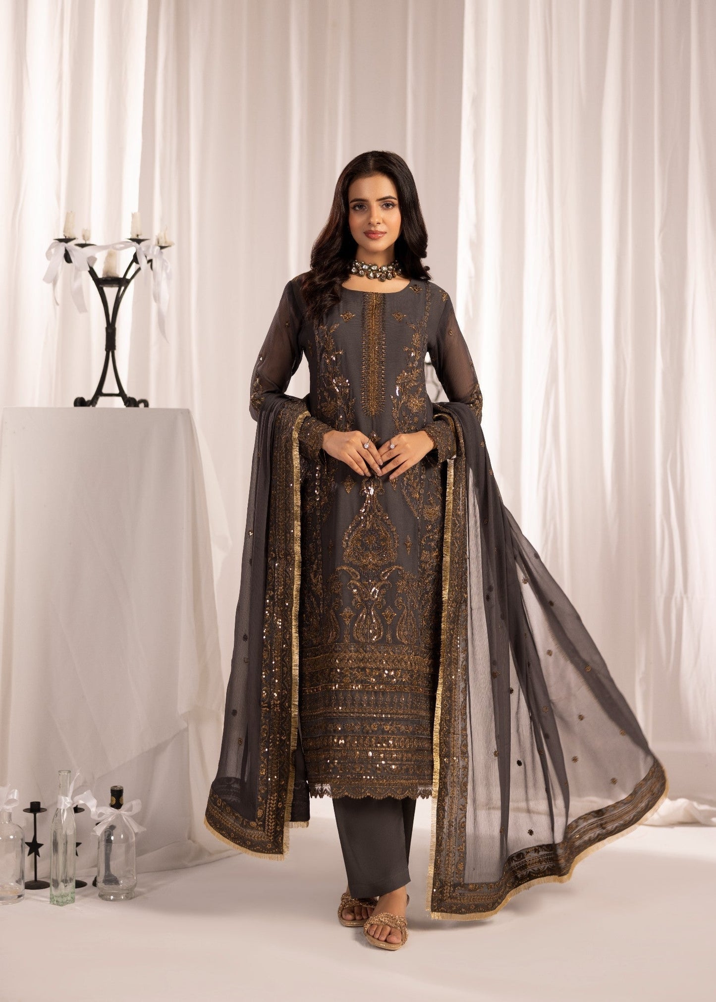 Pakistani Designer Dark Grey Chiffon Salwar Kameez Online in KSA Riyadh Saudi Arabia Oman Bahrain Qatar