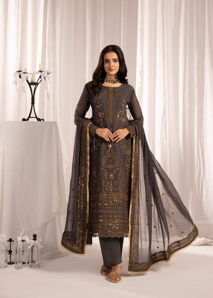 Pakistani Designer Dark Grey Chiffon Salwar Kameez Online in KSA Riyadh Saudi Arabia Oman Bahrain Qatar