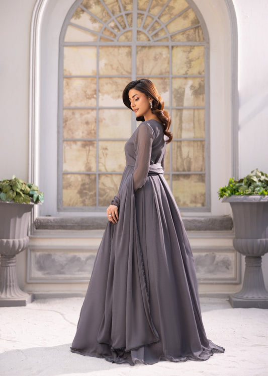 Pakistani Designer Dark Grey Chiffon Salwar Kameez Online in KSA Riyadh Saudi Arabia Oman Bahrain Qatar