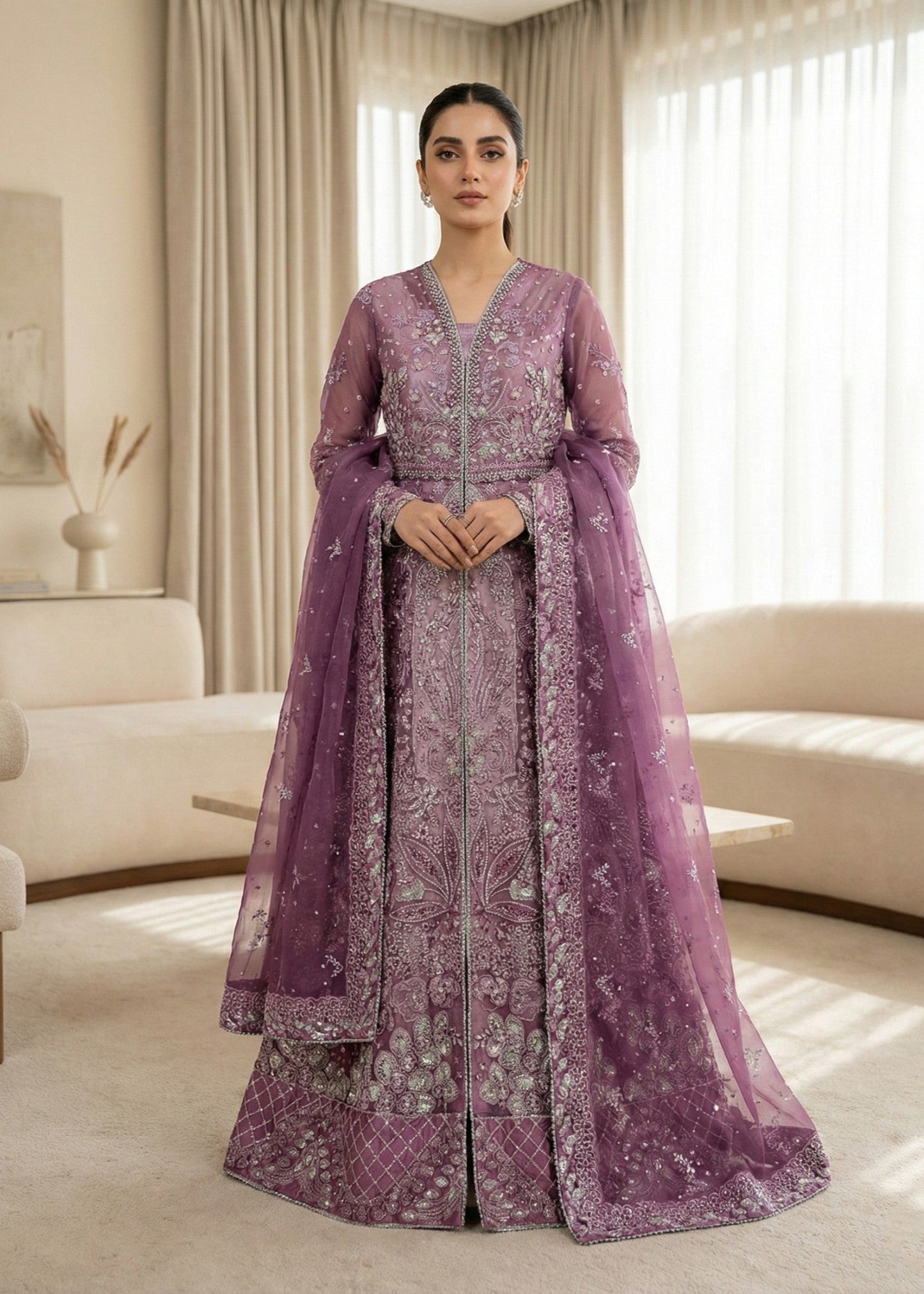 Pakistani Designer Dark Orchid Organza Suit Online in KSA Riyadh Saudi Arabia Oman Bahrain Qatar