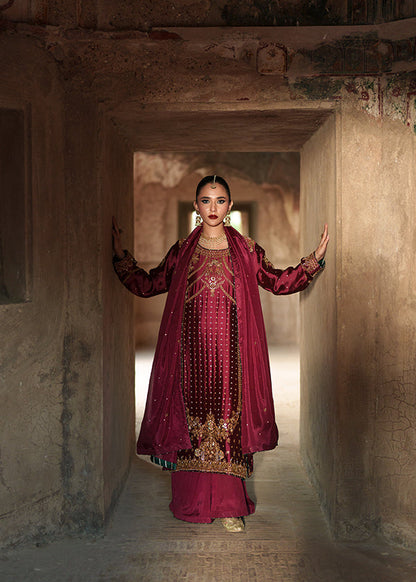 Pakistani Designer Deep Maroon Charmuse Silk Salwar Kameez Online in KSA Riyadh Saudi Arabia Oman Bahrain Qatar