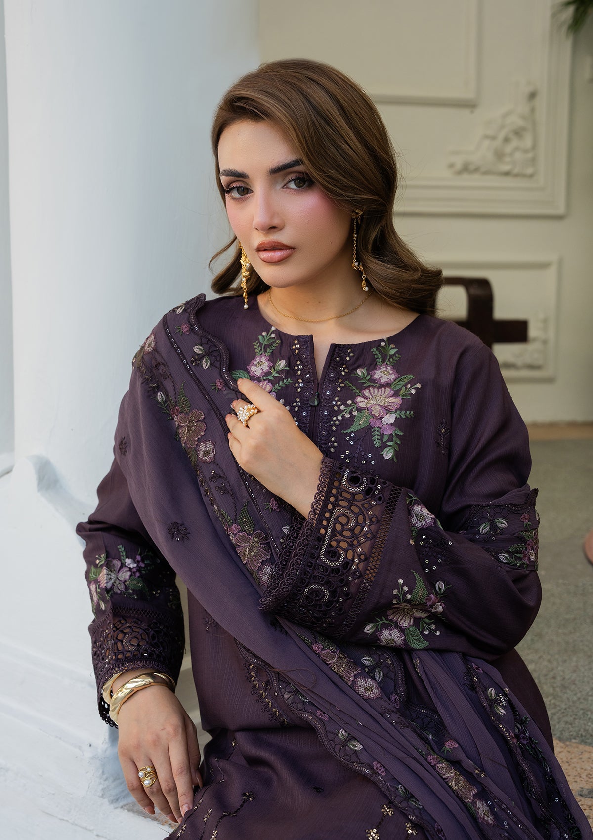 Pakistani Designer Deep Purple Cotton Embroidered Suit Online in KSA Riyadh Saudi Arabia Oman Bahrain Qatar