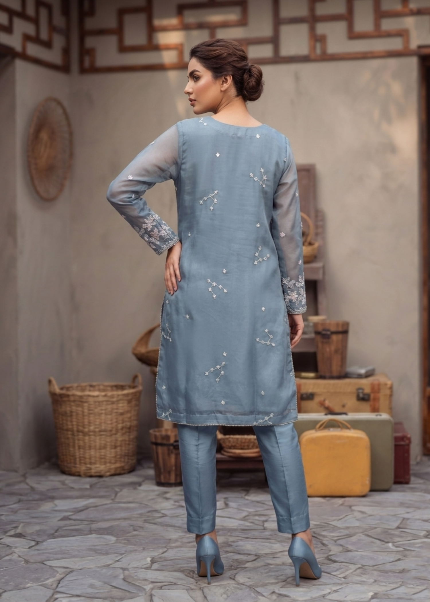 Pakistani Designer Duck Egg Grey Embroidered Organza Suit Online in KSA Riyadh Saudi Arabia Oman Bahrain Qatar