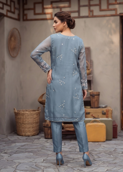 Pakistani Designer Duck Egg Grey Embroidered Organza Suit Online in KSA Riyadh Saudi Arabia Oman Bahrain Qatar