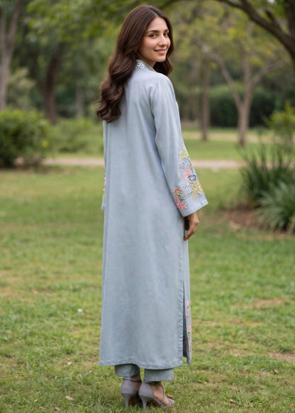 Pakistani Designer Duck Egg Grey Linen Kaftan Online in KSA Riyadh Saudi Arabia Oman Bahrain Qatar
